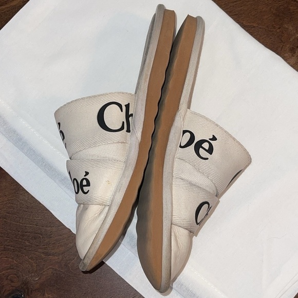 CHLOE WOODY LOGOED CANVAS & LEATHER WHITE MULE SLIPPERS Sz. 38/ US 8 - Picture 7 of 17